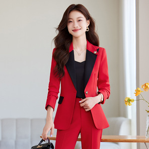 Women's Red Suit Jacket Solid Color Polyester Anti-Wrinkle Casual Blazer For Work And Formal Occasions - Product Image 4