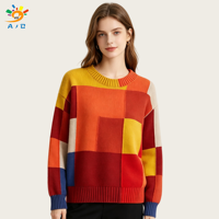AJB Pull en maille tricotée à col rond pour femme, coupe ample, manches longues, motif patchwork, anti-boulochage, 7GG, personnalisable avec logo, idéal pour l'hiver et les tenues décontractées