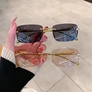 2024 Fashion New Style Luxury Gold Frameless Cut-edge Sunglasses Small Square Frame Leopard On Temple Decoration Y2k Sun Glasses