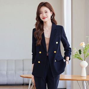 Women's Navy Blue Suit Set Double Breasted Anti-Wrinkle Solid Color Professional Work Wear - Product Image 1