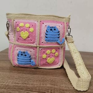 Romantic Womens Fashion Beach Bag Vibrant Crochet Cat Satchel Cross Body <b>Pouch</b> Hand Made Versipacks Knit Cat Paw Bag - Product Image 3