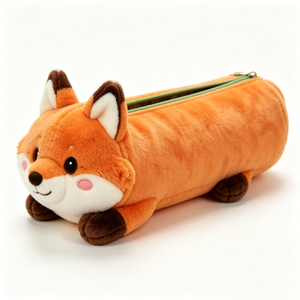 Estuche de lápices de peluche suave y personalizado con forma de zorro para niños, lindo estuche de lápices de peluche de zorro naranja acostado con cremallera verde. - Product Image 1