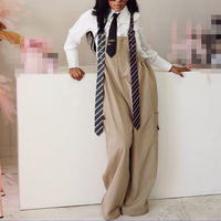 Nouveau Pantalon et Salopette Femme Ample à Jambes Larges avec Poches Style Cargo en Jean, Combi-pantalon Décontractée à Bretelles