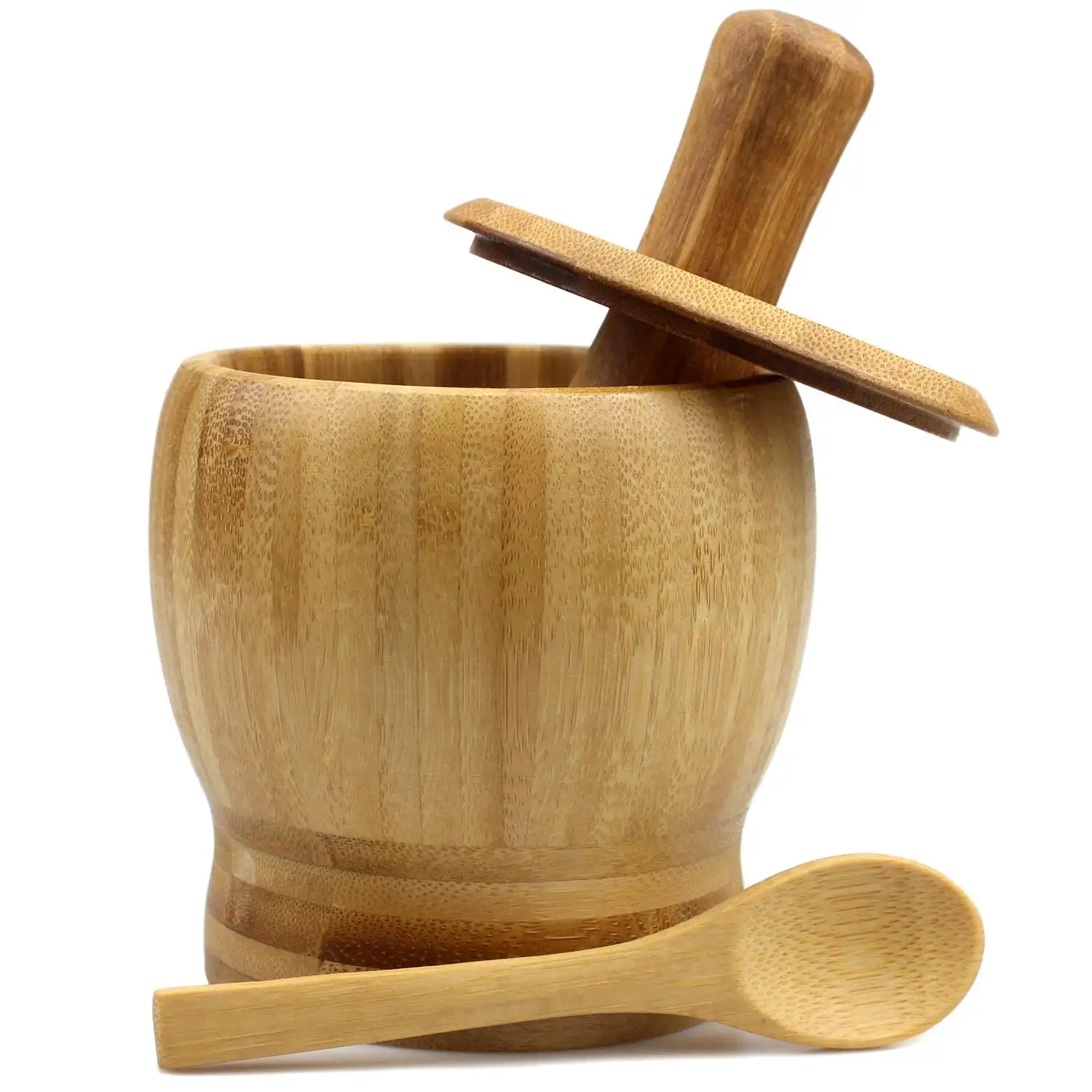 Bamboe Vijzel En Stamper Set Met Deksel En Lepel Hout Peper Knoflook Herb Spice Grinder Druk Crusher Stamper