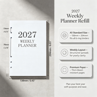 Recharges pour agenda A5 2027, 64 feuilles, hebdomadaires et mensuelles, papier daté à 6 trous, pour classeur à 6 anneaux, pages d'insertion pour carnet/agenda