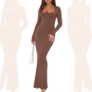 Nuevo Vestido Largo Casual Sexy con Cuello Cuadrado y <span class=keywords><strong>Manga</strong></span> <span class=keywords><strong>Larga</strong></span>, Vestido Largo Ajustado de Cintura Alta con Textura Acanalada en Color Sólido para Otoño - Product Image 4