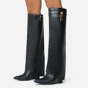 Botas Largas de Invierno para Mujer Shark Lock con Punta Puntiaguda, Tacón Alto de Cuña, Diseño Superpuesto, Estilo Pantalón, Botines Personalizados hasta la Rodilla, Antideslizantes - Product Image 2