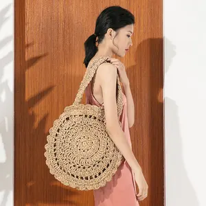 Bolsa de palha de rattan de ombro personalizada, bolsa redonda de rattan nova moda feminina verão mar praia 2024 algodão