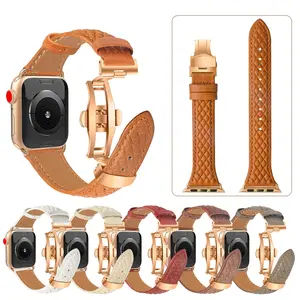 Bracelet en cuir véritable pour apple iwatch 8/6 Petit bracelet en cuir pour la série Apple Fermoir papillon Bracelet de montre en cuir