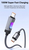 Kabel Pengisian Cepat USB C ke USB C 100W, Kabel Data Tipe C Berjalin dengan Lampu LED Warna-warni untuk Ponsel dan Tablet