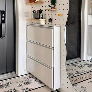 Wall Mounted Ultra <b>Thin</b> Flip Steel Shoe Cabinet Flat Pack E-commerce Packaging Easy Wall Fix Space Saving Narrow Entrance Rack - Product Image 1