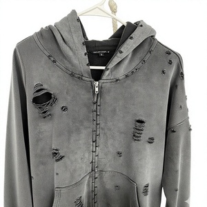 <b>Men</b> Oversized Breathable <b>Zip</b>-<b>Up</b> Hoodie 100% Cotton <b>Fleece</b> Gothic Style Solid Color Distressed Washed Autumn Casual Sweatshirt - Product Image 2