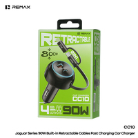 Chargeur de voiture REMAX CC10 90W, USB C rétractable, charge rapide, 4 ports PD45W, adaptateur allume-cigare, câble Type C intégré de 80 cm
