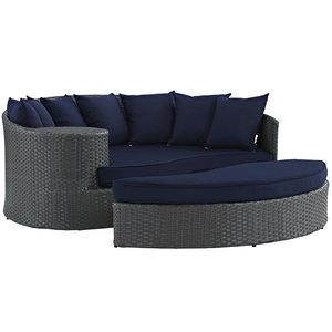 Chaise longue <span class=keywords><strong>de</strong></span> patio d'extérieur en rotin tressé Modway Sojourn, tissu bleu marine durable, design moderne <span class=keywords><strong>pour</strong></span> les cours, les hôtels et les villas - Product Image 1