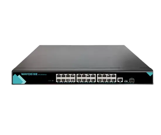 Wayos Ws3026ga Enterprise-Grade Rack-Mount Switch with 25 Gigabit Ethernet Ports and 1 Gigabit SFP Fiber Port.