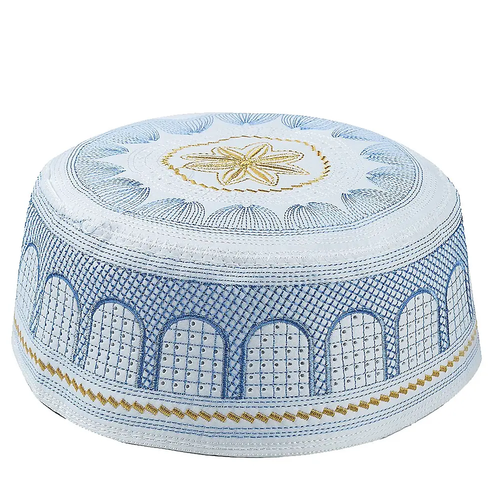 Hot Sale Custom Pattern Logo White Multi-color Embroidered Ethnical Hui Islamic Hat Muslim Worship Saudi Arabia UAE Hat For Men