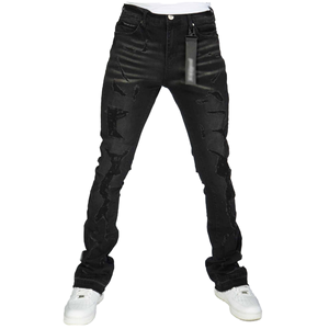 Jean en denim droit taille mi-haute pour homme, délavé effet vieilli, déchiré, noir, style vintage, décontracté, pour le marché de gros, avec conception de logo personnalisé - Product Image 1