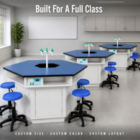 Muebles de laboratorio de acero SEFA8M al por mayor, mesa de laboratorio hexagonal escolar con grifo de agua de 6 vías, fregadero y panel de alimentación