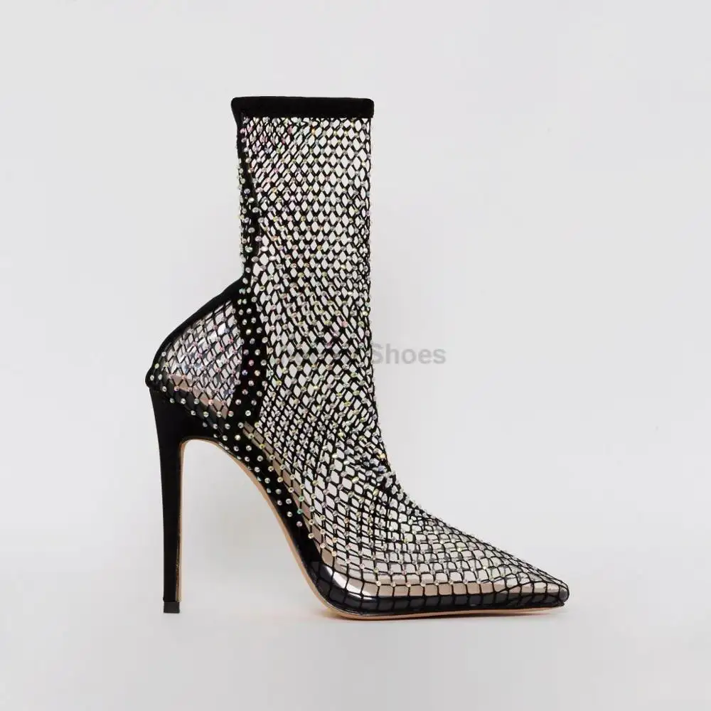 Phụ Nữ Thời Trang Vớ Over Perspex Rõ Ràng Diamante Fishnet Gót Lưới Mắt Cá Chân Khởi Động Cho Phụ Nữ Stiletto Heel Toe Nhọn Dép Bơm