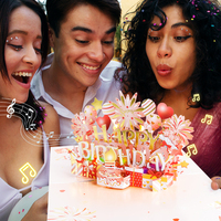 Carte pop-up 3D d'anniversaire personnalisée en anglais, éclairage coloré, couleur personnalisée, vernis brillant, impression offset, papier 250 g/m², soufflable