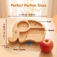 Assiette pour enfants en bambou naturel en forme d'éléphant à 3 compartiments avec base d'aspiration en silicone bleu clair, plateau d'alimentation pour enfants