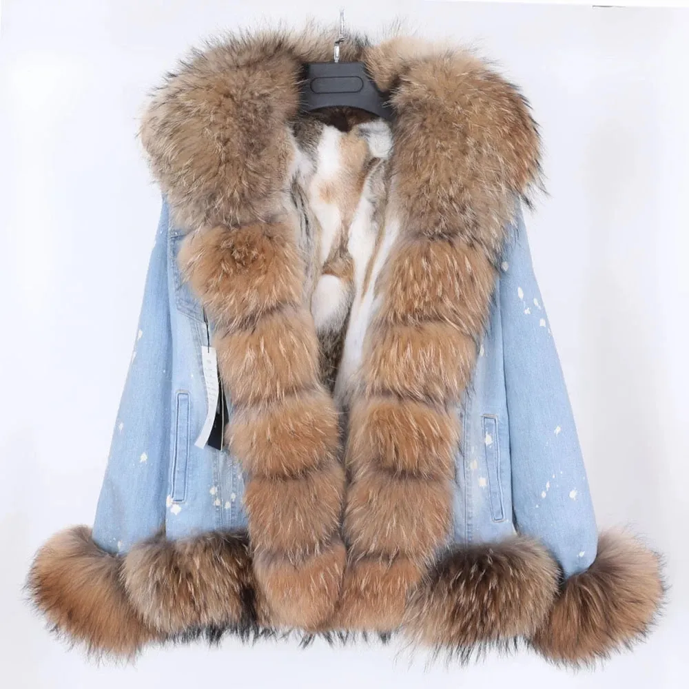 Jaket kerah bulu rakun musim dingin baru 2021 jaket bulu denim super pendek jaket bulu kelinci wanita lapisan bulu lapisan tebal jaket liner