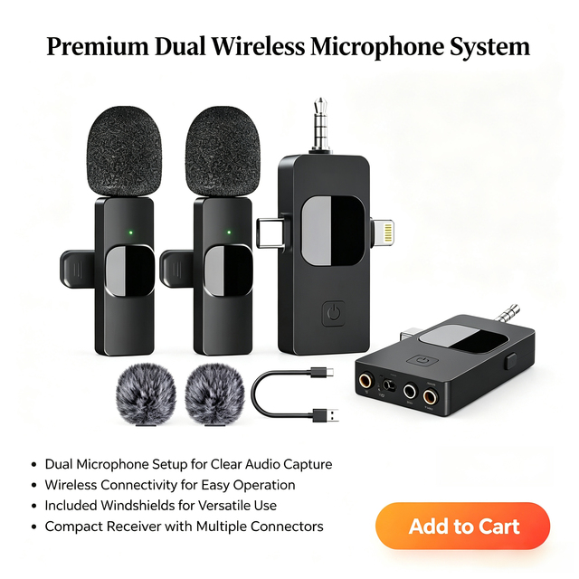 Premium Dual Wireless Lavalier Microphone System with 3.5mm Plug and Windshields for Clear Audio Recording