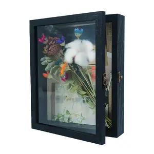Rustic Black 8x10 Wood Shadow Box Frame with Glass Door Display Case Linen Back for Photo or Art Display