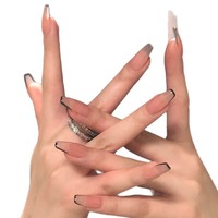 PD-163 Faux ongles à presser noirs, méthode U, courts, forme ballerine, French fin, transparent effet glace, Joker, 24 pièces, pré-conçus, prêts à poser