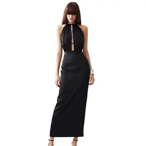 Silk Hollow Out Long Dress China Factory Wholesale Custom Hot Selling Sexy Halter Backless Satin Women Summer Dress Casual Woven