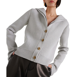 Cardigan da donna in maglia semplice di lana in maglia a tinta unita all'ingrosso abbigliamento di lusso invernale personalizzato con doppio colletto - Product Image 2