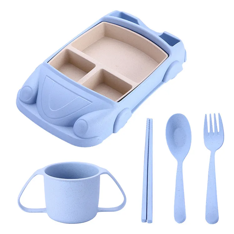 New Arrival Online Hot Sale Products High Quality Eco Friendly Food Container cartoon Wheat Straw Flatware 5pcs Set for kids