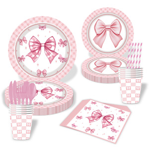 Ensemble de vaisselle jetable sur le thème des nœuds pour fête d'anniversaire et réunion d'amis : assiettes, gobelets et serviettes en papier - Product Image 1