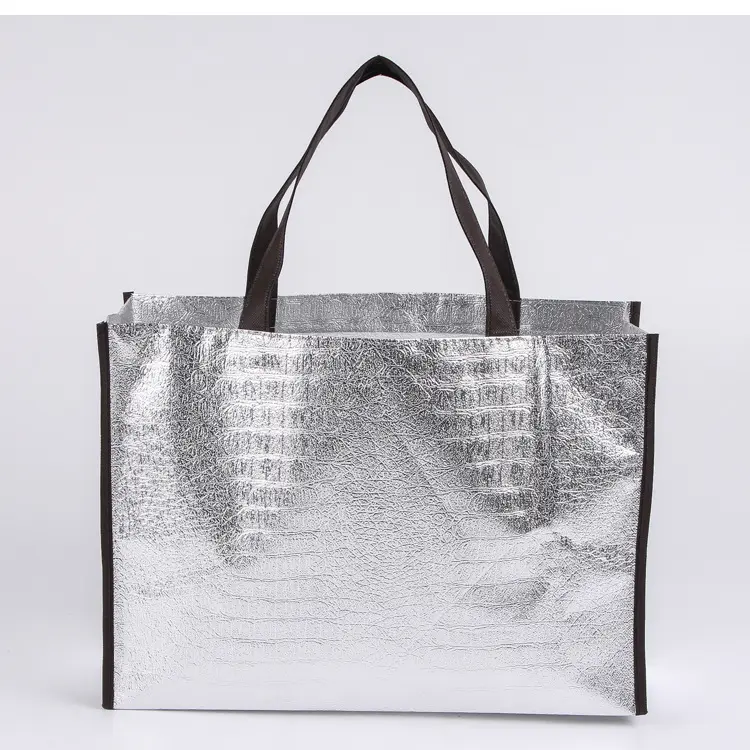 2024 özel kullanımlık lazer dokunmamış alışveriş çantası laminasyon metalik altın Pp dokuma olmayan kumaş çanta