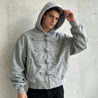 Hoodie épais personnalisé, style streetwear, mode designer, coupe oversize et courte, avec boutons grenouille, effet délavé et usé, fabricant