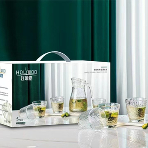 Ensemble de carafes à eau froide en verre pour l'été, grande capacité, transparent, simple, avec 5 tasses, service à thé, vente en gros - Product Image 4