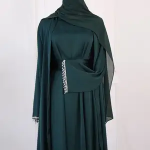 Elegant Muslim Silk Open Abaya Dresses Cardigan Kimono Long Robe Solid Color Beaded Dress Gown Jubah EID Arab Islamic Clothing