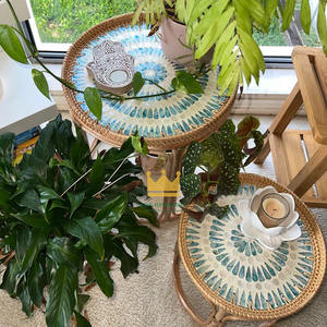Table basse ronde en rotin durable avec incrustation de coquillages et dessus en nacre, tables d'appoint gigognes pour la décoration intérieure moderne - Product Image 4