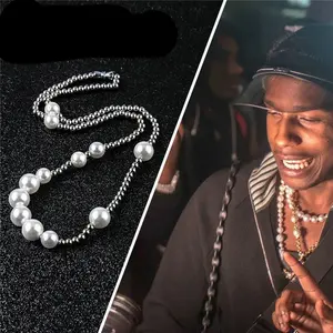 2024 New fashion Stainless steel pearl necklace hip hop jewelry for men