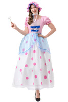 Robe de bergère pastorale pour femme, motif pois rose et bleu, tenue de cosplay de personnage de conte de fées pour performance scénique, vente en gros