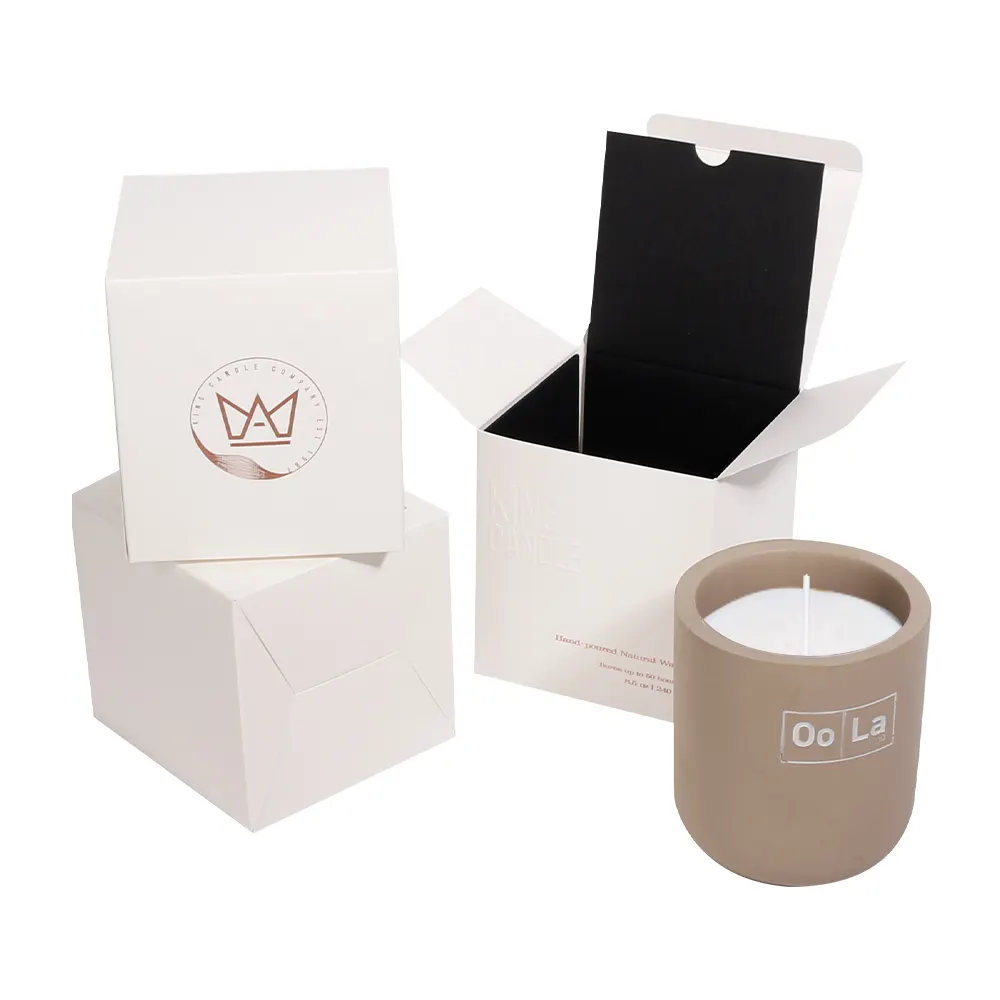 Paquete de tarro de vela de papel plegable, estampado de papel de oro rosa personalizado, logotipo en relieve, cajas de velas blancas
