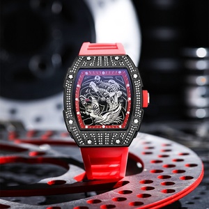 Montre squelette ZIDO pour homme avec gravure 3D Phénix, boîtier tonneau noir serti de pierres, montre-bracelet à quartz, bracelet en silicone, montre-bracelet tendance - Product Image 1