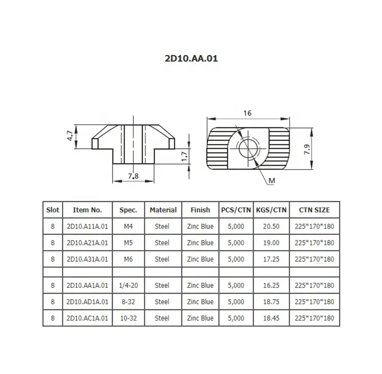 2D10.AA.01 Wholesale hardware product british standard slot 8 drop in aluminium profiles hammer nut