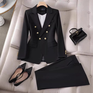 Women's Pink Double-Breasted Suit Set Solid Color Polyester Worsted Fabric <b>Work</b> Wear Spring Season - Product Image 3