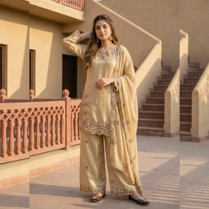 Completo Salwar Kameez Ricamato da Donna, Abito Pakistano Beige con Dupatta, Vestibilità Regolare, per Matrimoni, Lauree, Feste Diwali, Asciugatura Rapida - Product Image 1