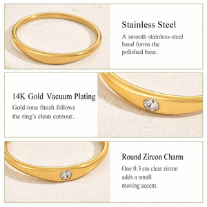 Zircon <b>Charm</b> Ring Stainless Steel 14K Gold Vacuum Plated Polished Band with Round Clear Zircon Pendant - Product Image 4