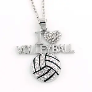 IMG 7309 Fashion Jewelry fashionable crystal sport I LOVE VOLLEYBALL pendant Link Chain Necklace