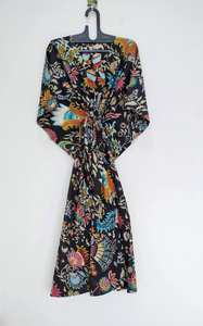 Vestido Kaftán de Algodón con Estampado Floral Hecho a Mano, Maxi Vestido Indio para Playa, Cuello en V, Secado Rápido y Transpirable, para Verano, Otoño y Primavera - Product Image 5