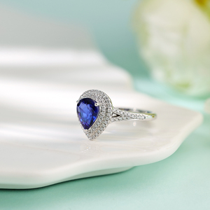 แหวนแต่งงานหรูหราแบบคริสเตียนประดับไพลินทรงลูกแพร์ทองคำแท้ 18K แบบสั่งทำขายส่งสำหรับผู้หญิงสวมใส่ในชีวิตประจำวัน - Product Image 4