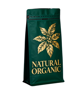 Bolsa Doypack de Café Orgánico Natural con Diseño de Hoja de Oro Verde, Grado Alimenticio, Laminada BOPP, Termosellable con Tirador - Product Image 1